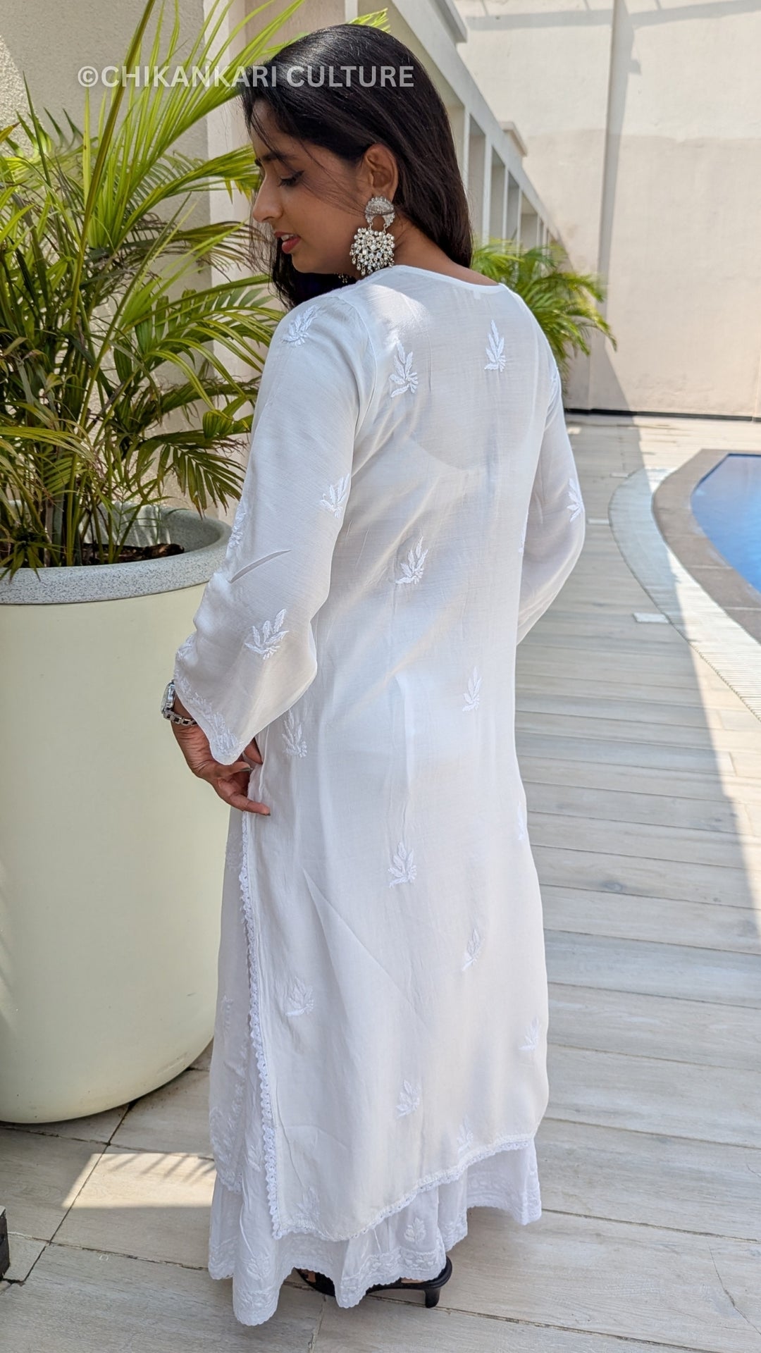 Muslin Chikankari Solid Women's 2PC Long Kurta Set- White