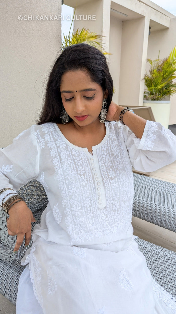 Muslin Chikankari Solid Women's 2PC Long Kurta Set- White