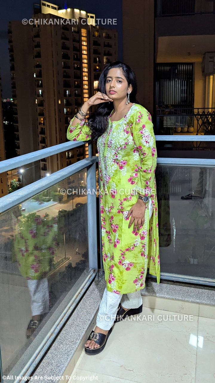 Aafna Chikankari Mulmul Cotton Printed Straight Kurta