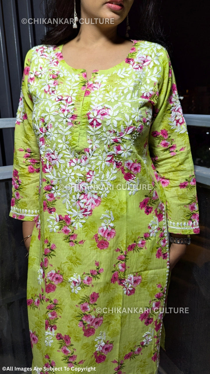Aafna Chikankari Mulmul Cotton Printed Straight Kurta