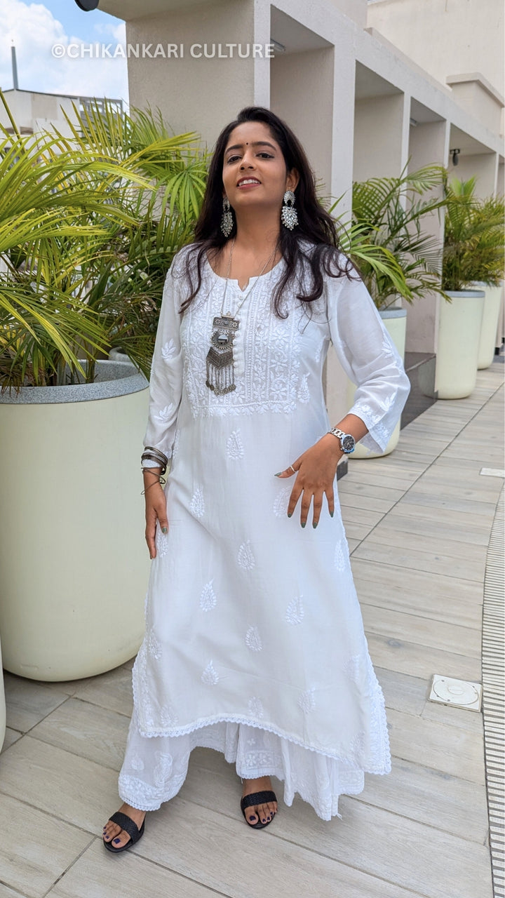 Muslin Chikankari Solid Women's 2PC Long Kurta Set- White