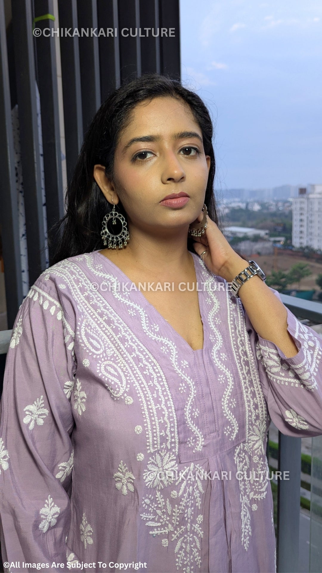 Chanderi Chikankari Solid Women's Long Kurta