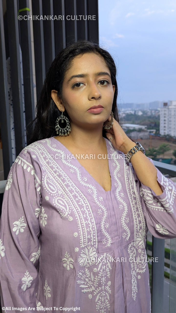 Chanderi Chikankari Solid Women's Long Kurta