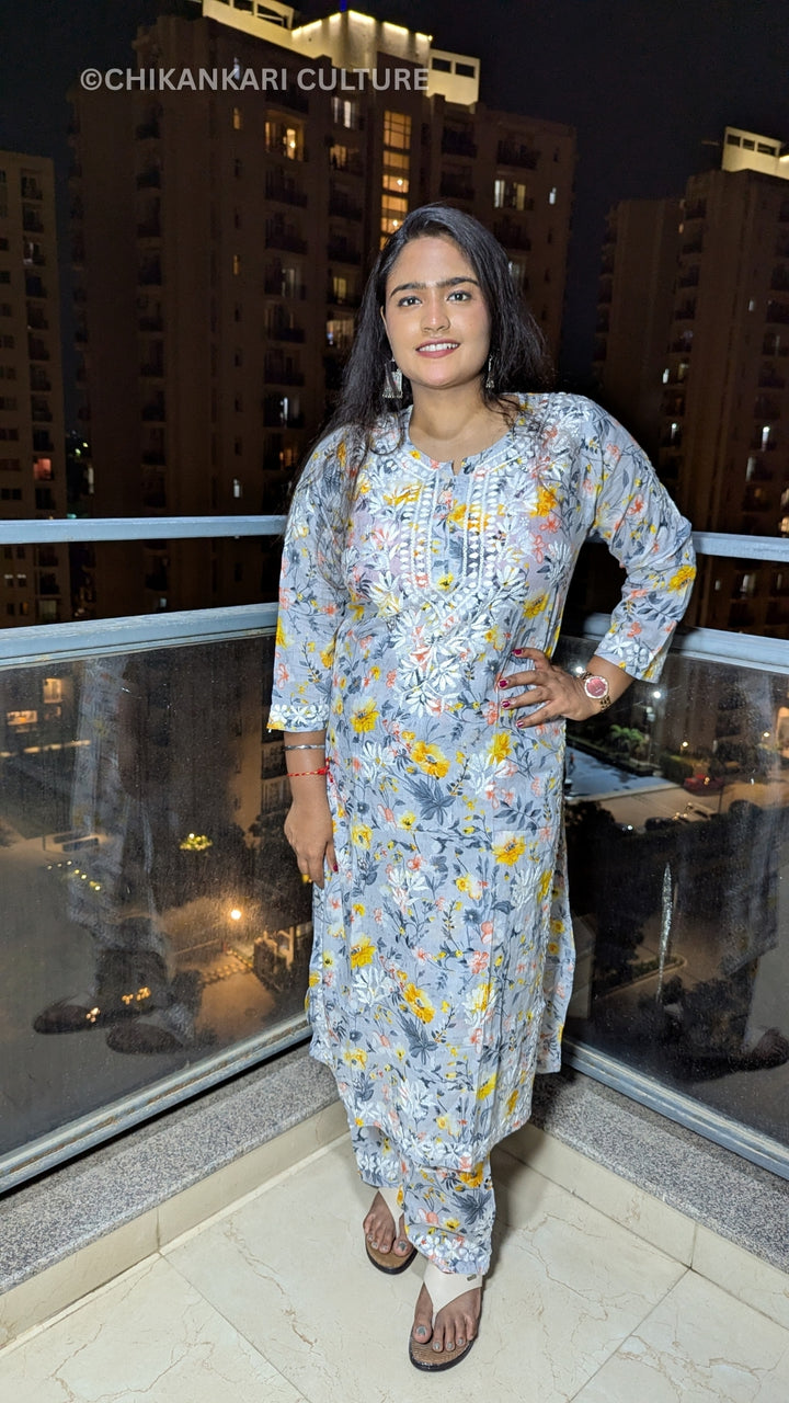 Aarohi Chikankari Mulmul Cotton Printed Straight Kurta Set
