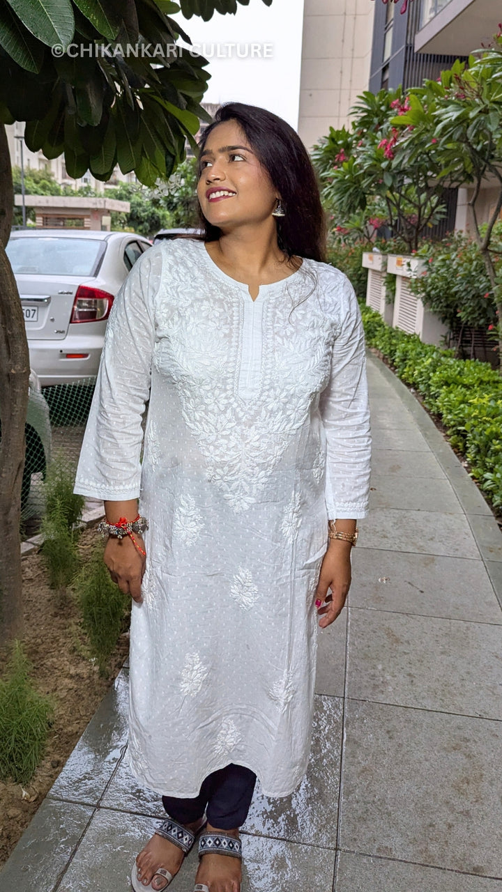 Cotton Dobby Chikankari Solid Women's Kurta