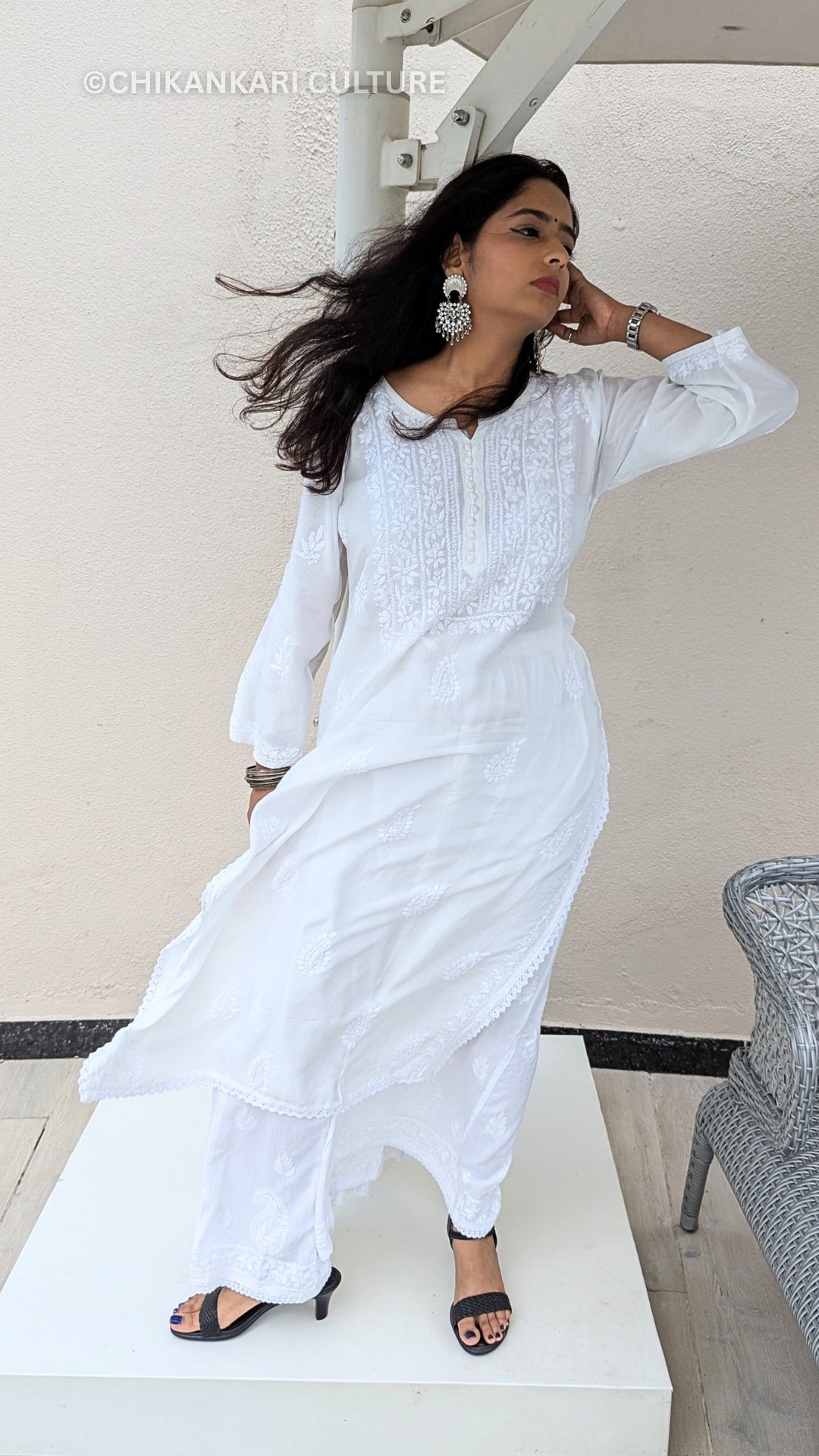 Muslin Chikankari Solid Women's 2PC Long Kurta Set- White