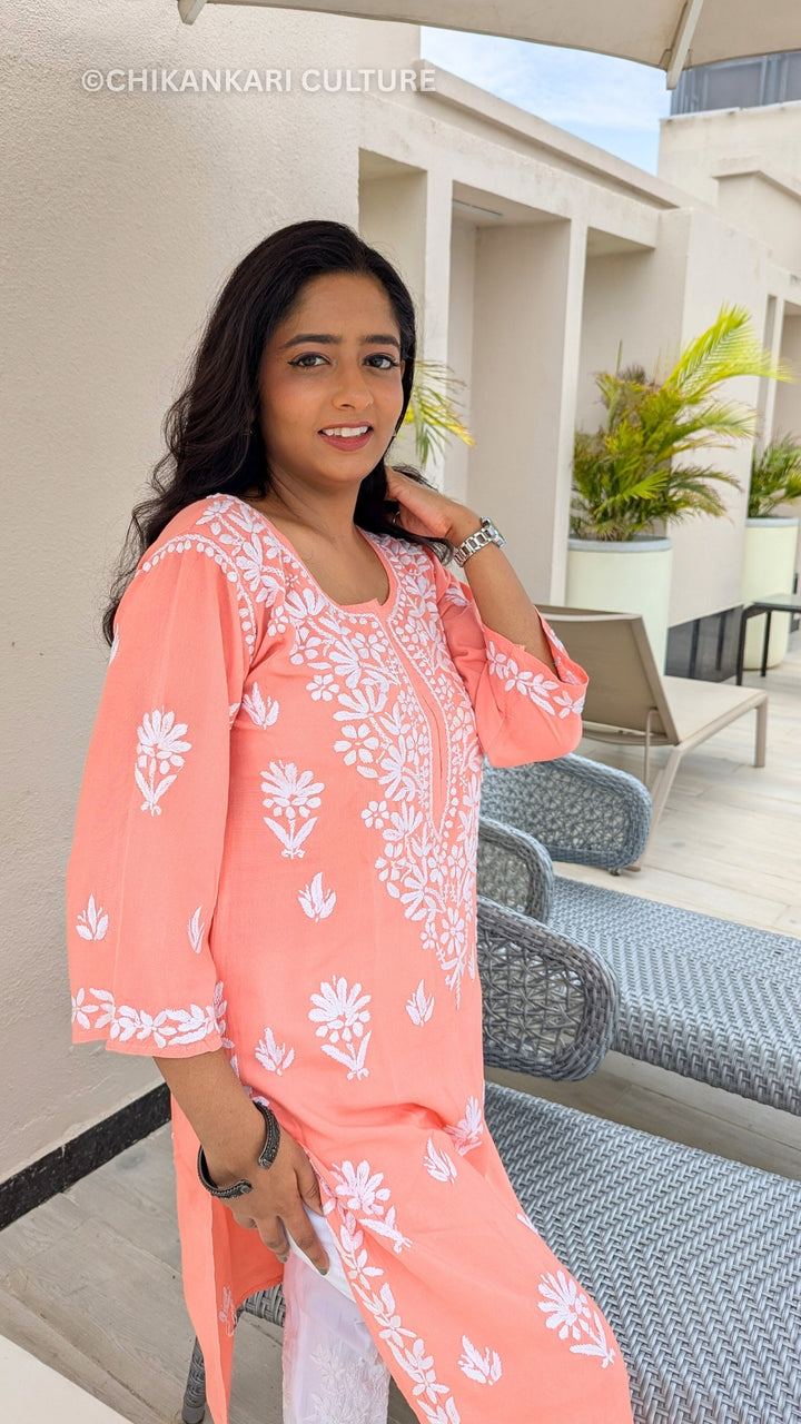 Chavi Rayon Chikankari Solid Women's Long Kurta