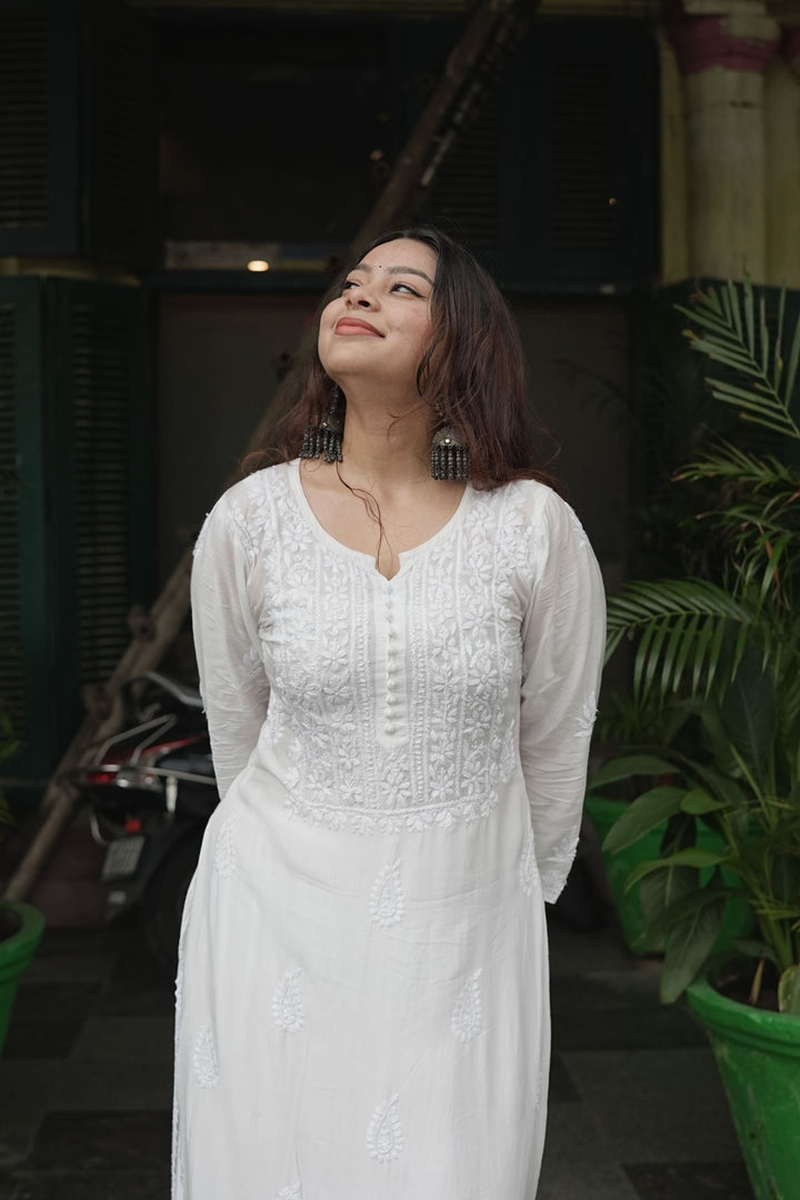 Muslin Chikankari Solid Women's 2PC Long Kurta Set- White