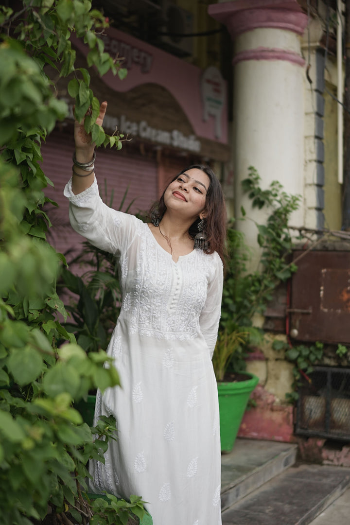 Muslin Chikankari Solid Women's 2PC Long Kurta Set- White