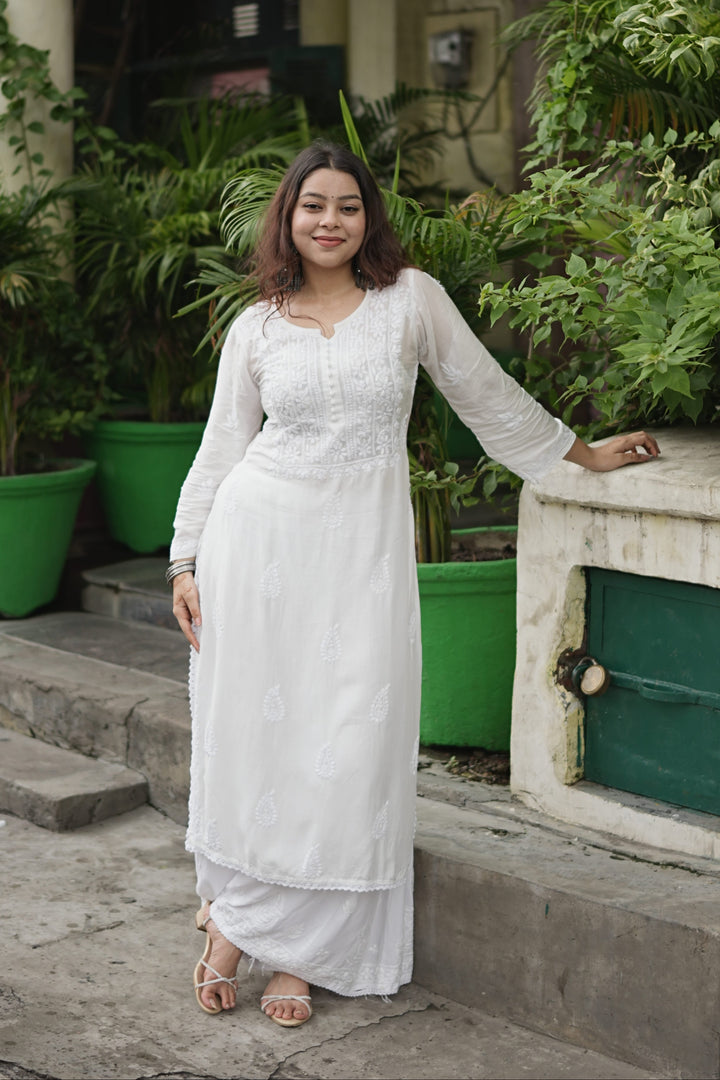 Muslin Chikankari Solid Women's 2PC Long Kurta Set- White